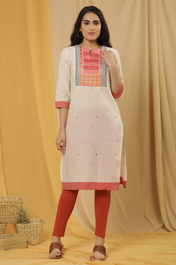White Dobby Kurta With Multi-Coloured Yoke And Tights Set