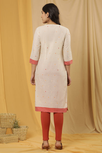 White Dobby Kurta With Multi-Coloured Yoke And Tights Set