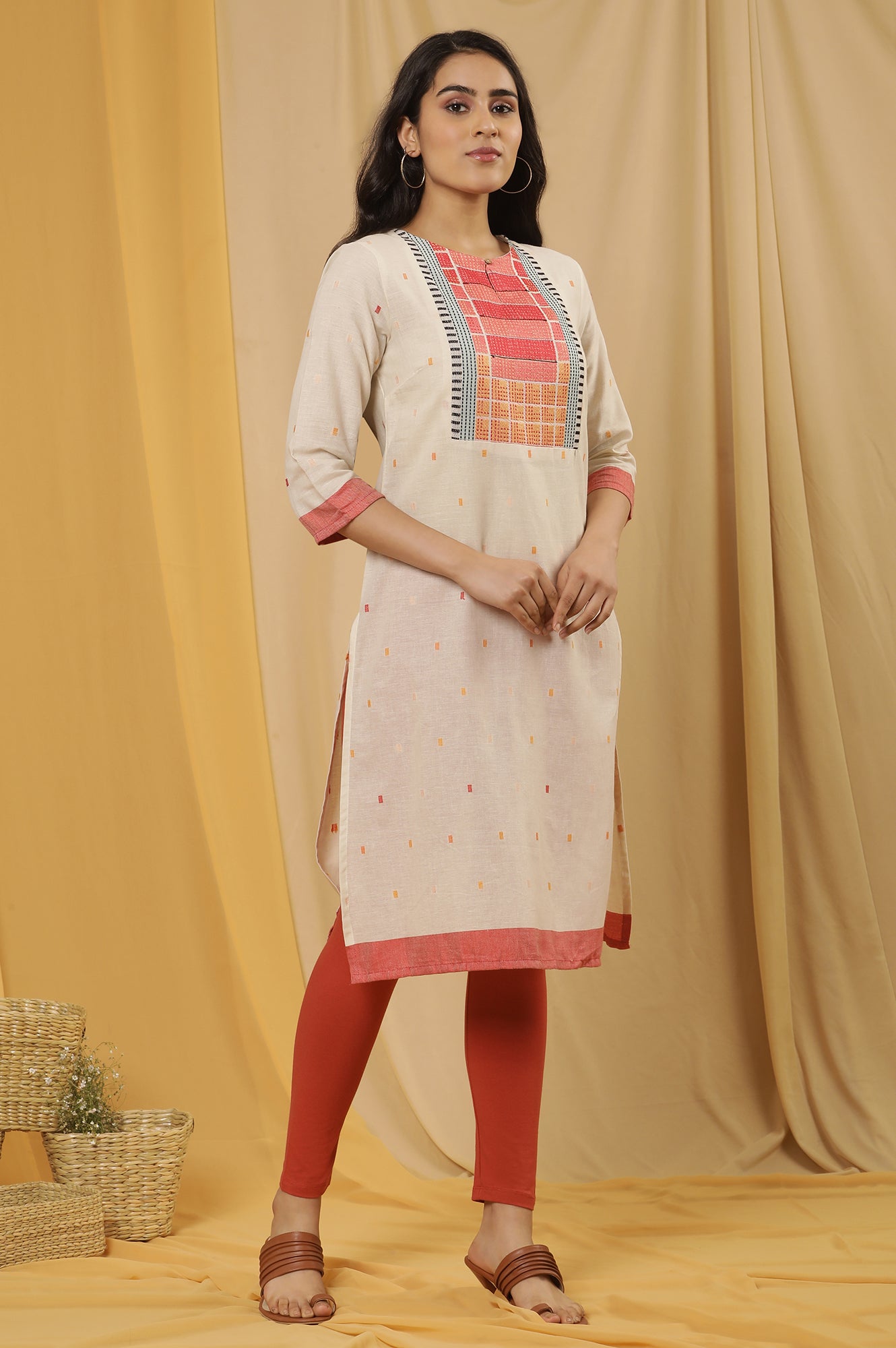 White Dobby Kurta With Multi-Coloured Yoke And Tights Set