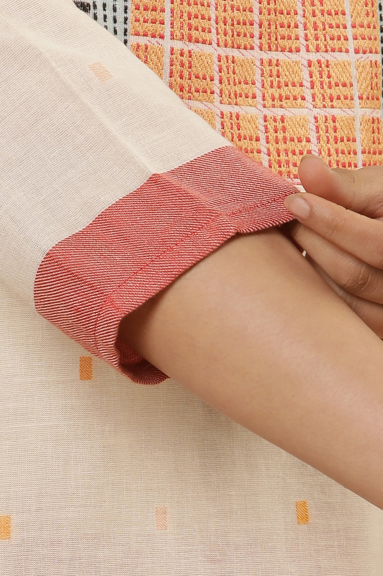 White Dobby Kurta With Multi-Coloured Yoke And Tights Set