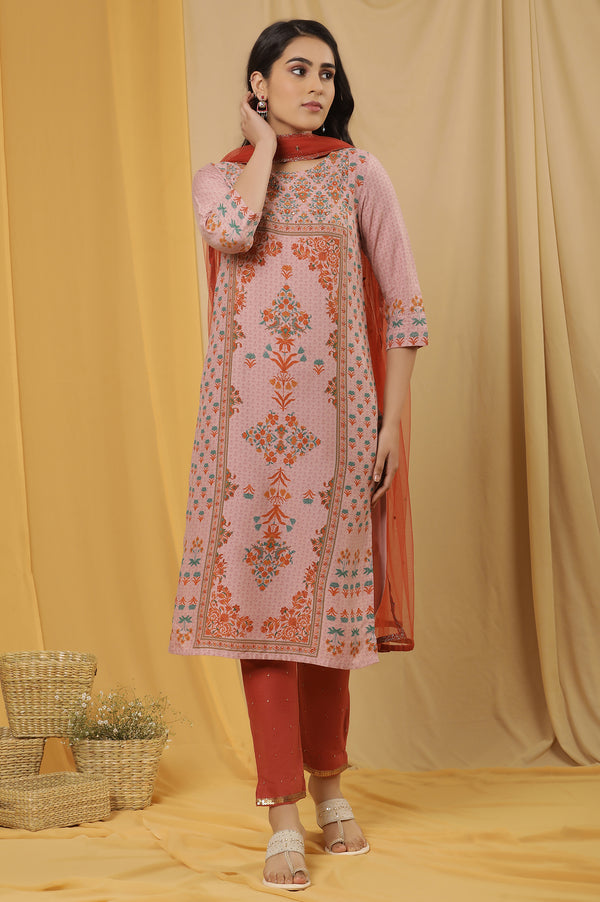 Pink Printed Kurta, Pants And Dupatta Set