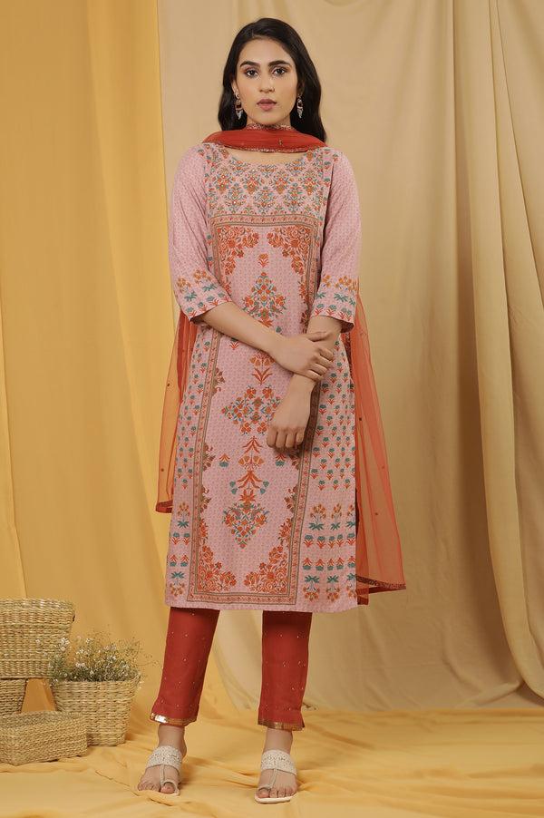 Pink Printed Kurta, Pants And Dupatta Set