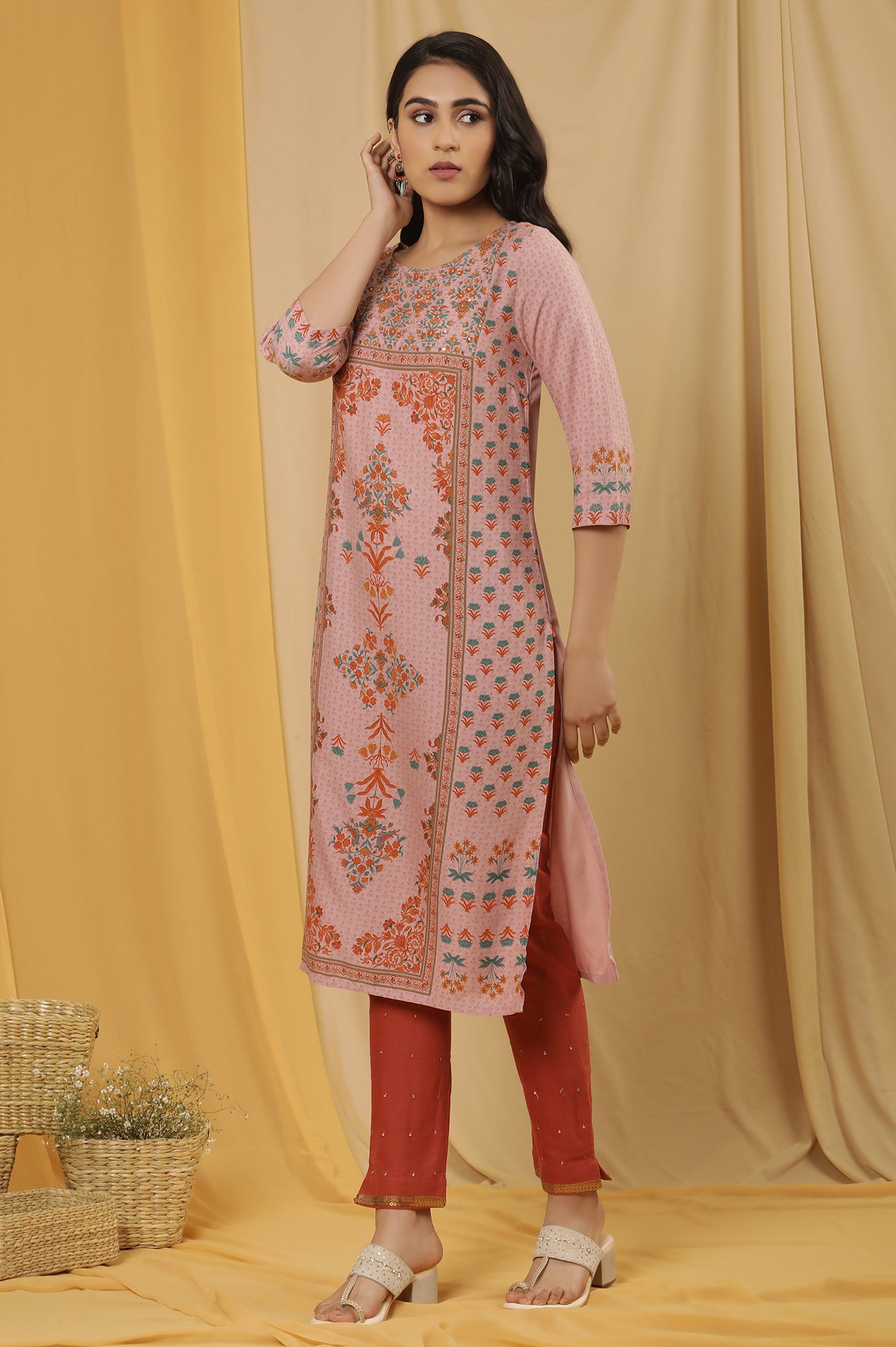 Pink Printed Kurta, Pants And Dupatta Set