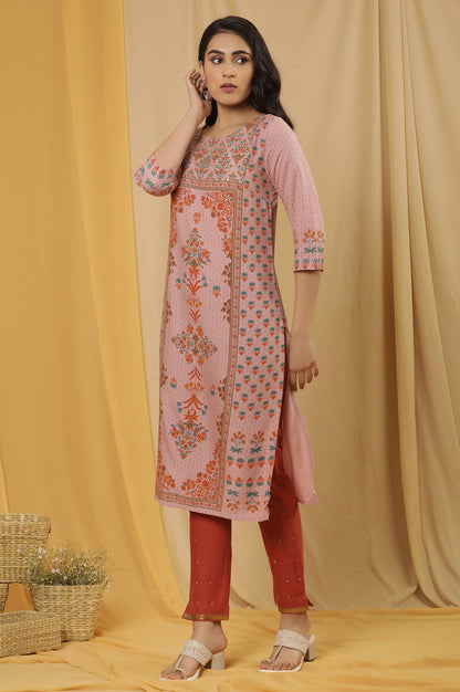 Pink Printed Kurta, Pants And Dupatta Set