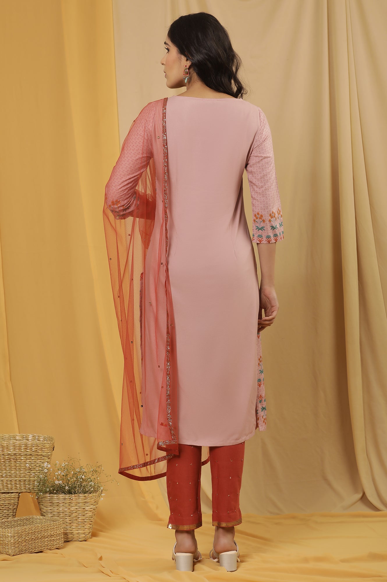Pink Printed Kurta, Pants And Dupatta Set