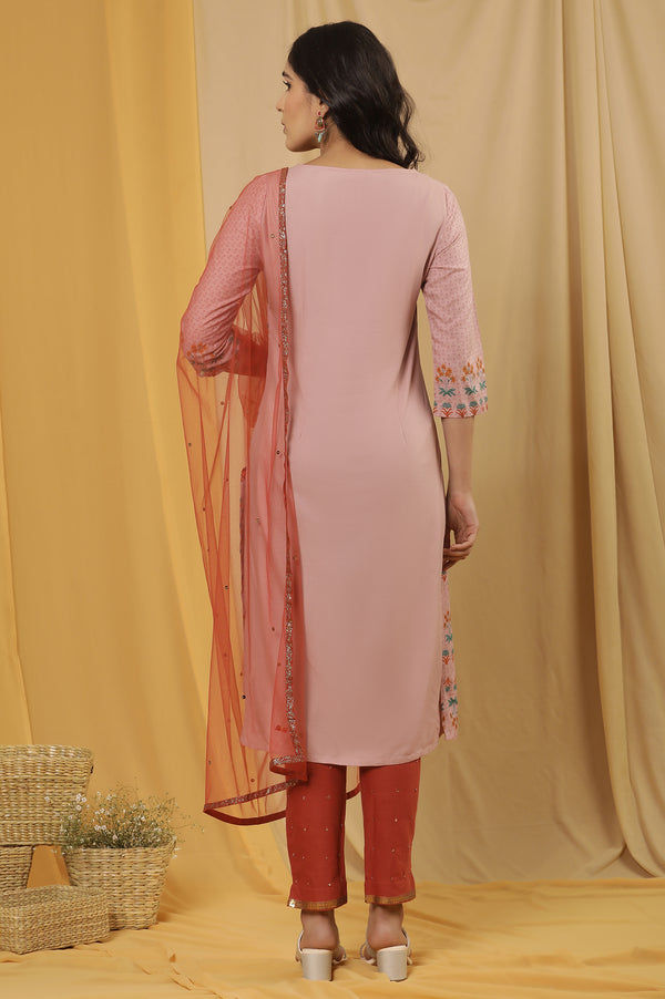 Pink Printed Kurta, Pants And Dupatta Set