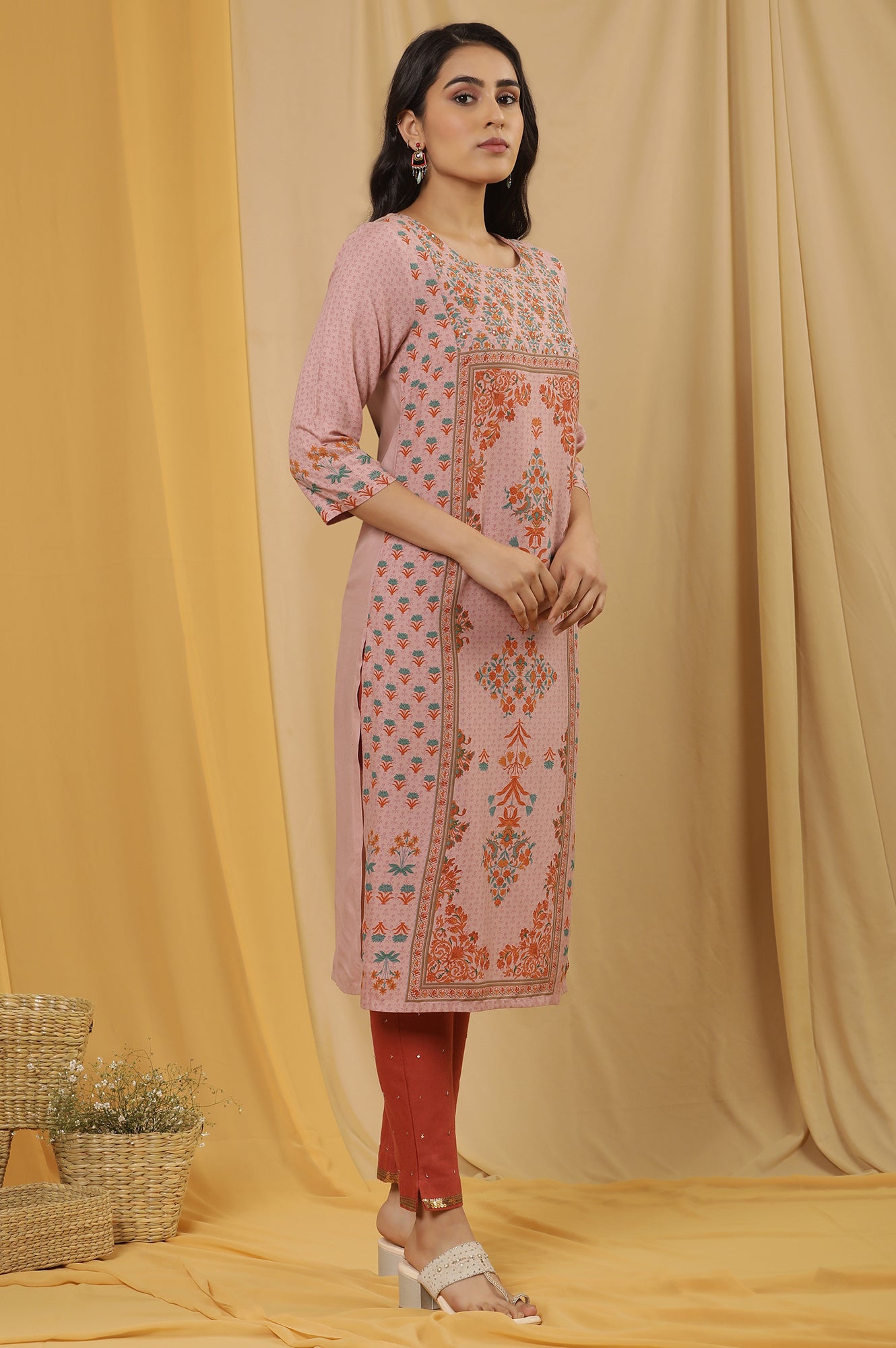 Pink Printed Kurta, Pants And Dupatta Set