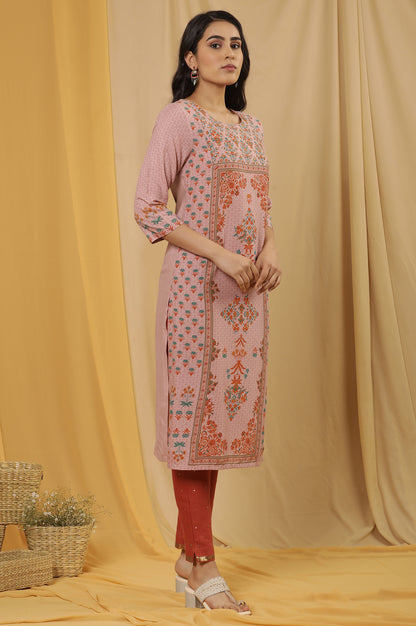 Pink Printed Kurta, Pants And Dupatta Set