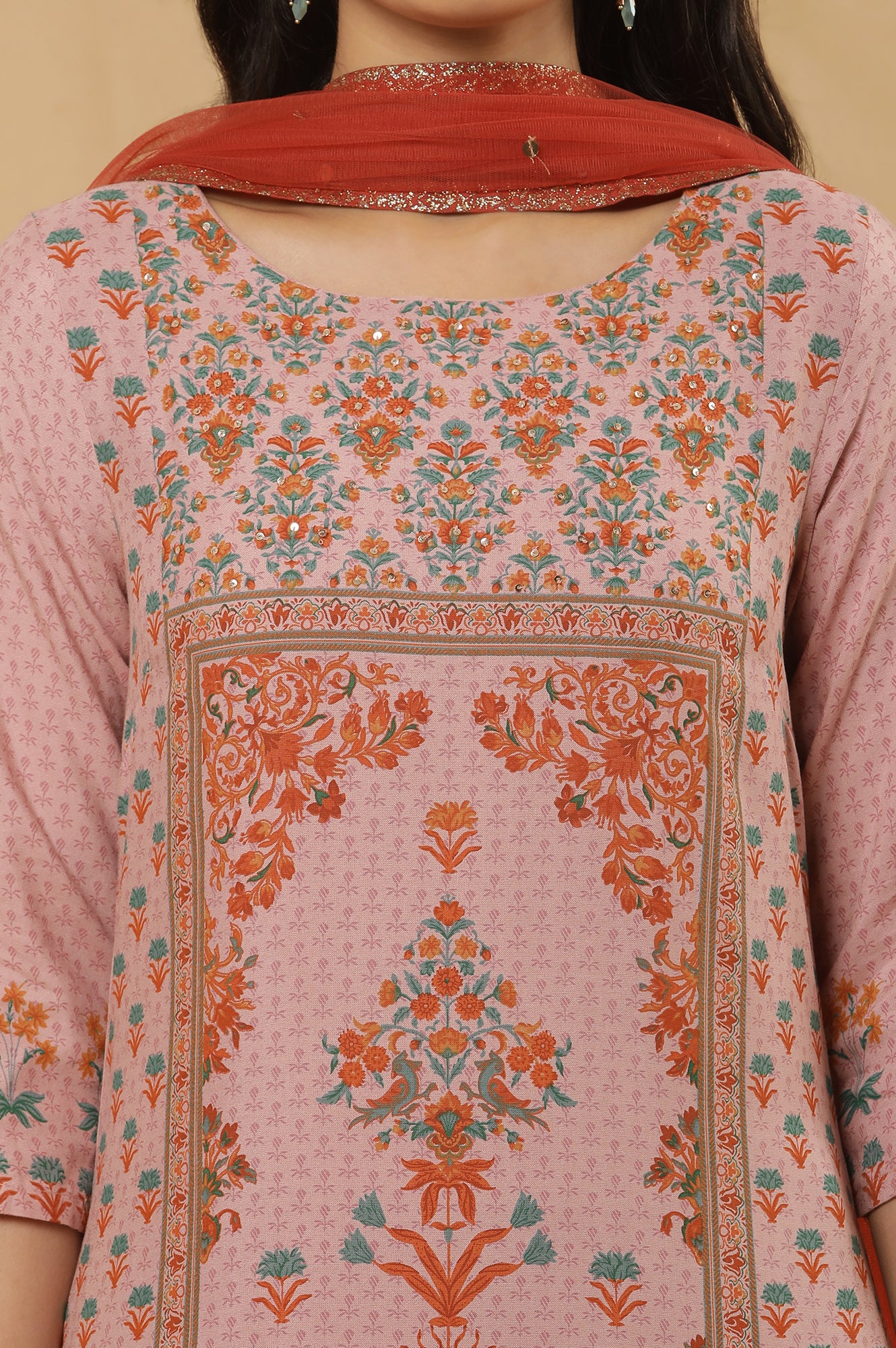 Pink Printed Kurta, Pants And Dupatta Set