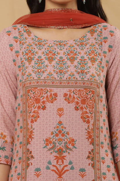 Pink Printed Kurta, Pants And Dupatta Set