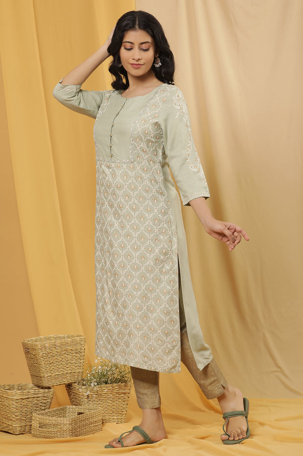 Green Printed Summer Kurta And Golden Pants