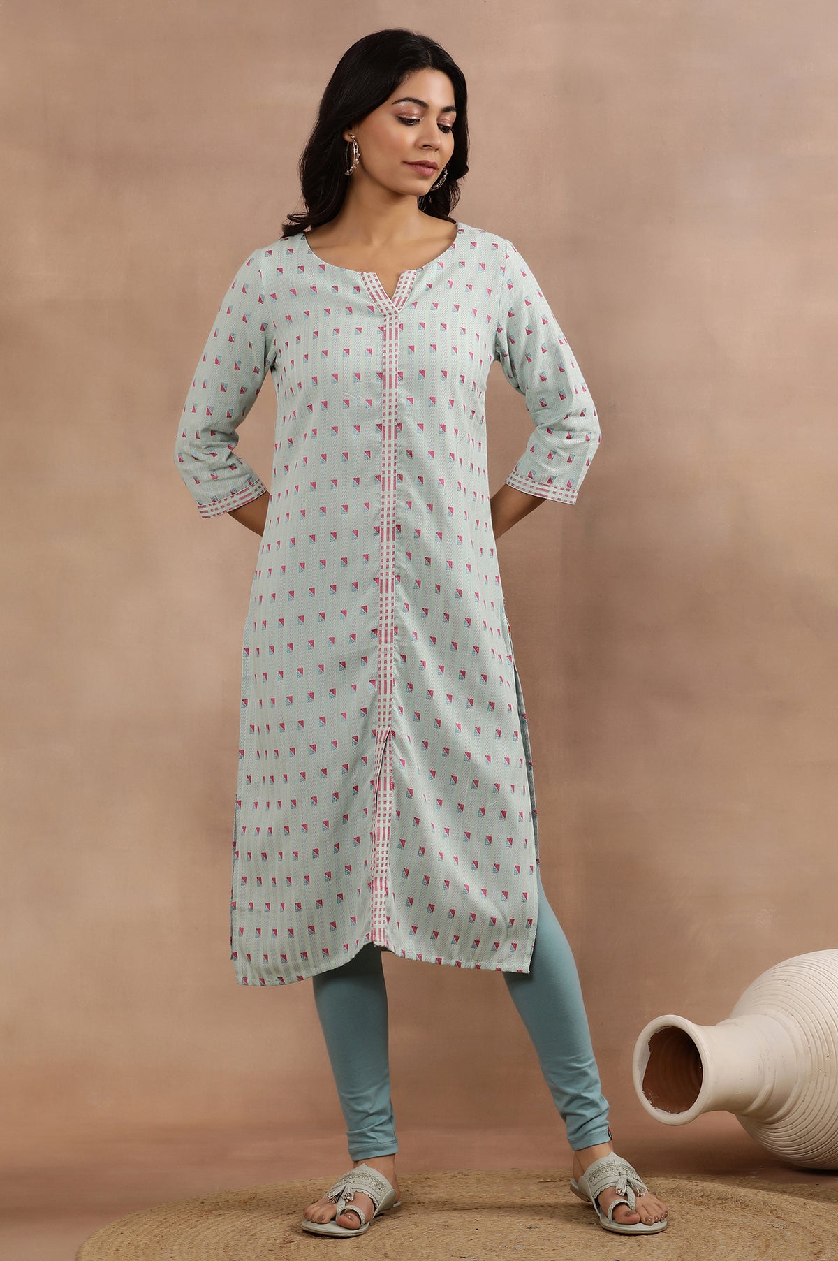 Blue Printed Cotton Dobby Kurta And Tights - L