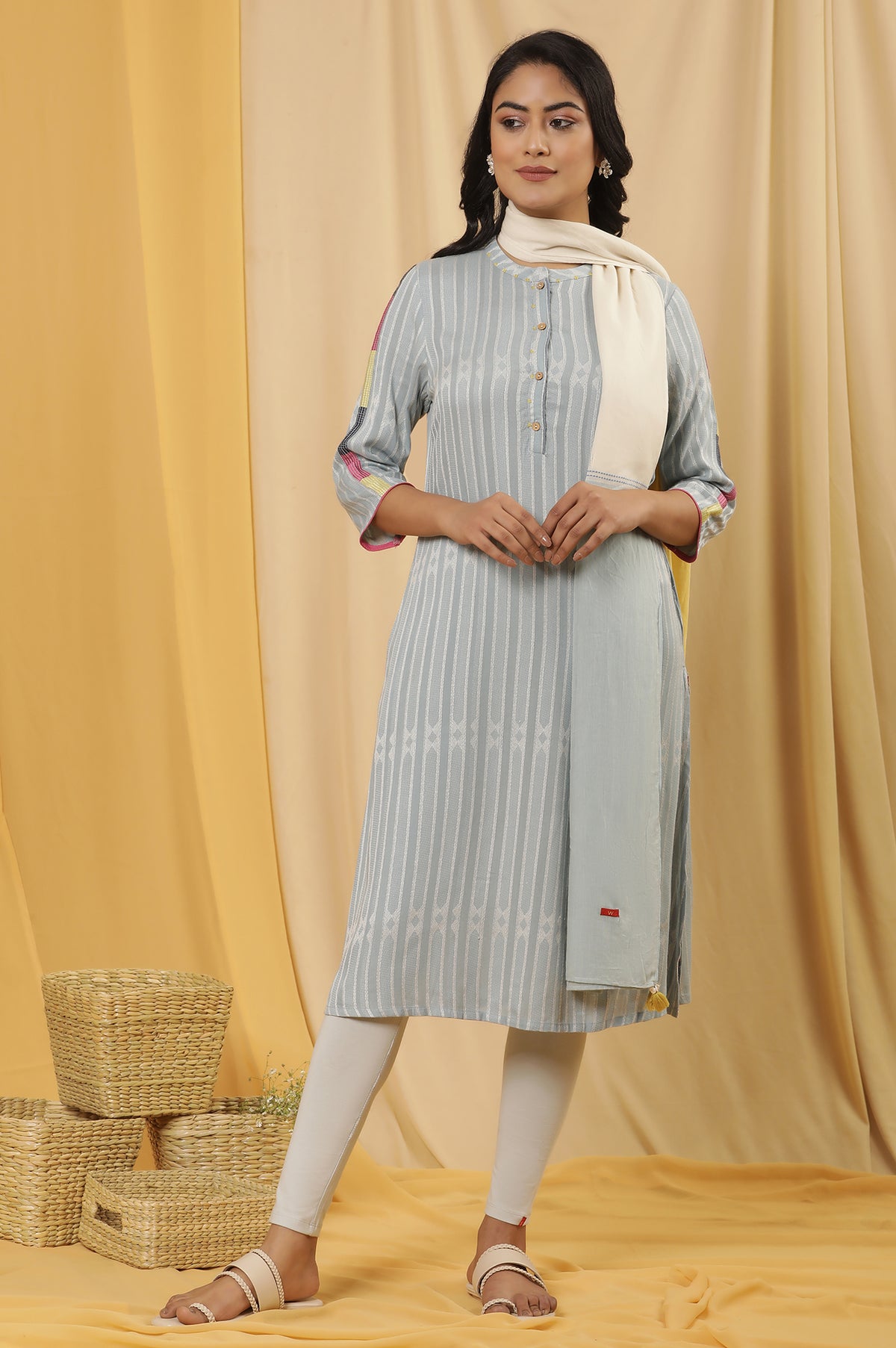 Light Blue Yarn Dyed Kurta, Tights And Dupatta Set - XS
