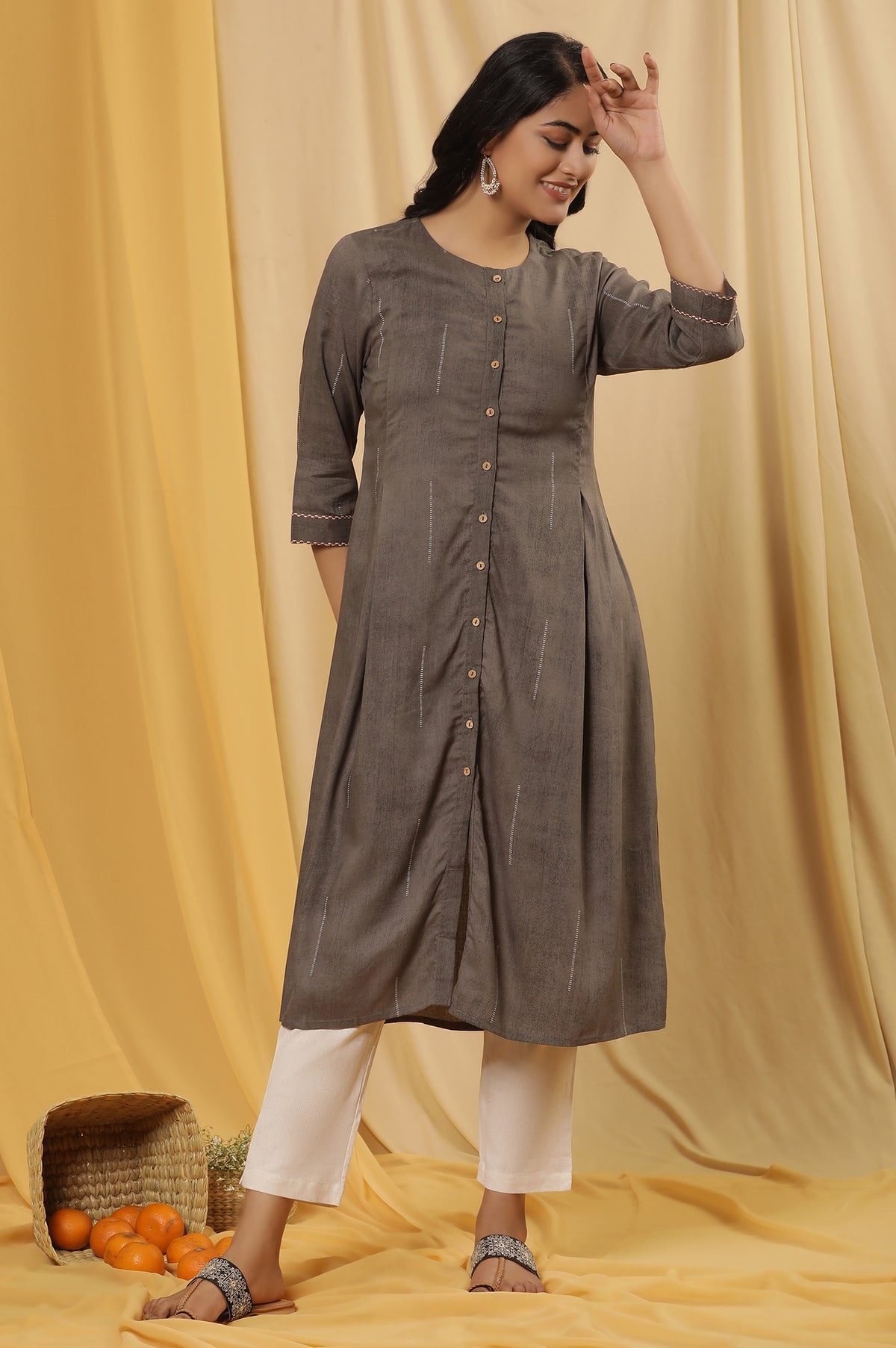 Grey Button Down Kurta And Pants Set - XS