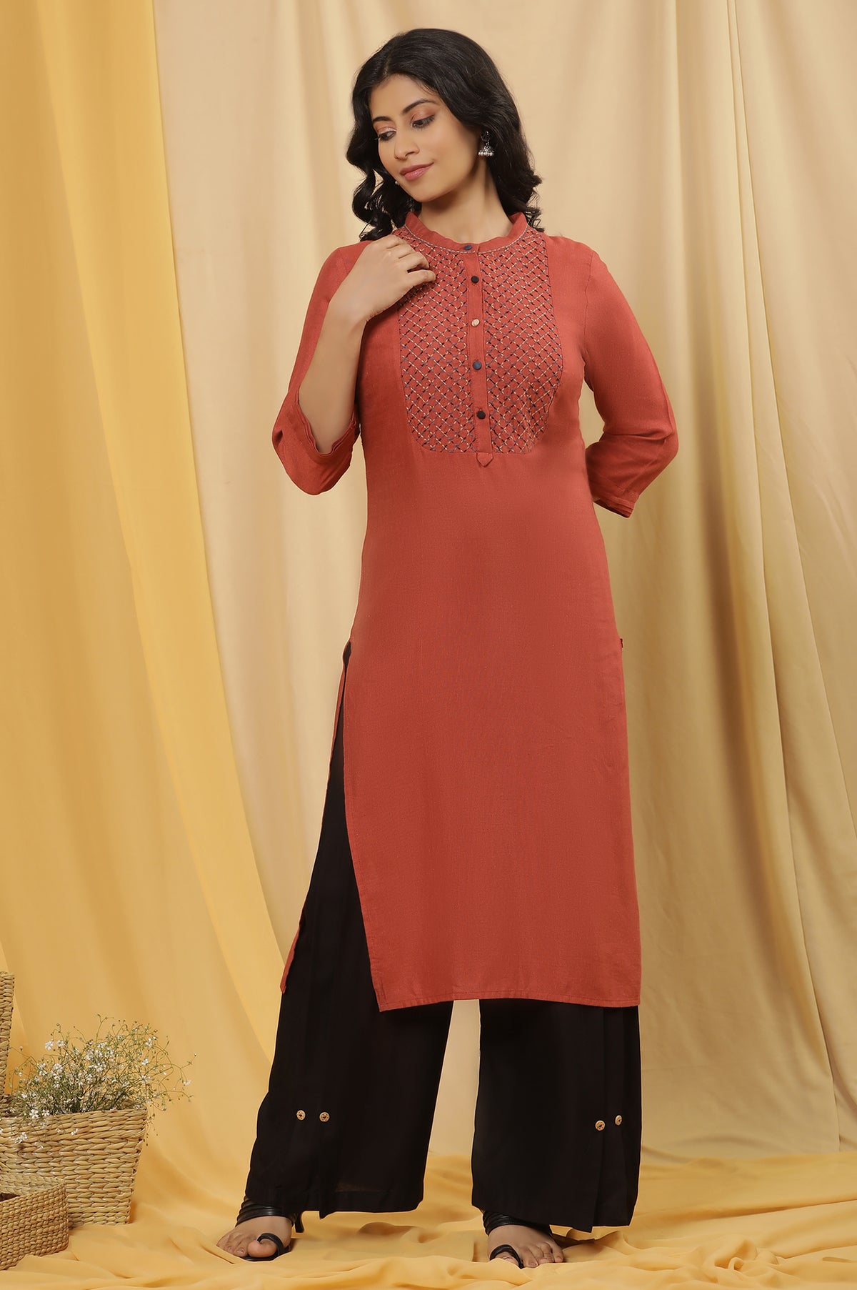 Brick Red Embroidered Kurta And Black Parallel Pants - XS