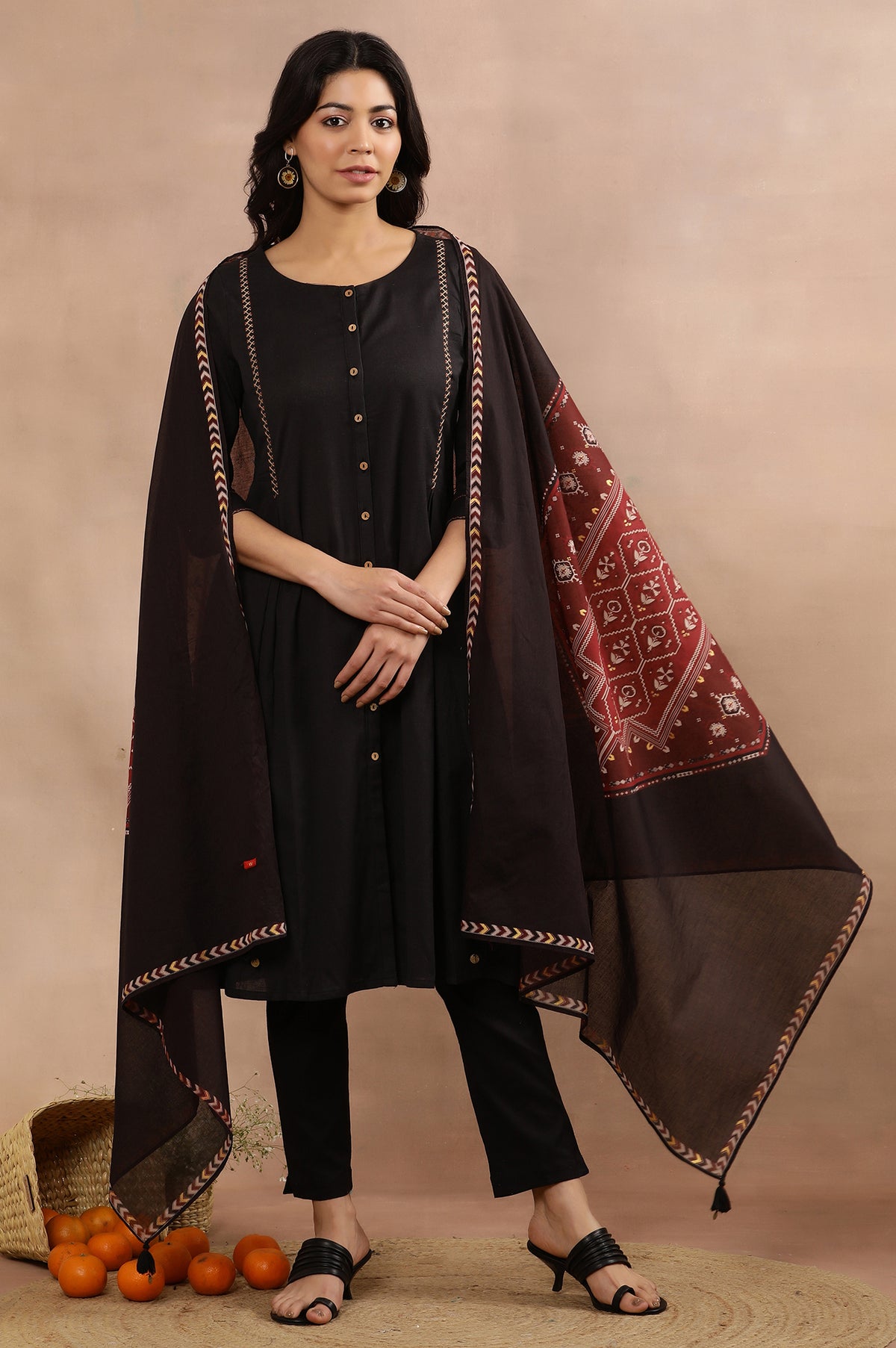 Black A-Line Kurta, Pants And Dupatta Set - XS