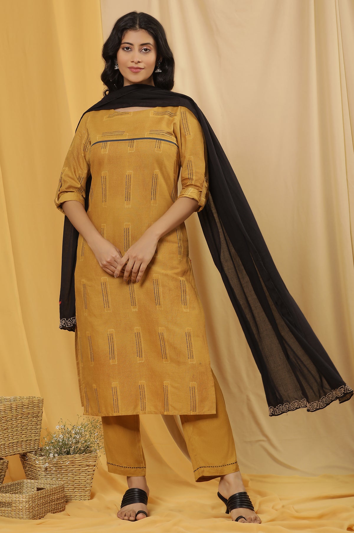 Mustard Kantha Printed Kurta, Pants And Dupatta Set - XS