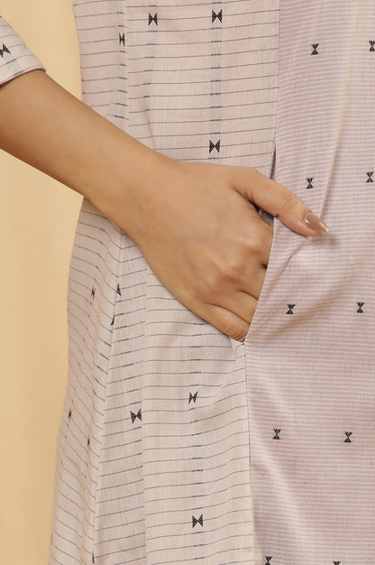 Ecru And Lilac Printed Kurta, Tights And Dupatta Set