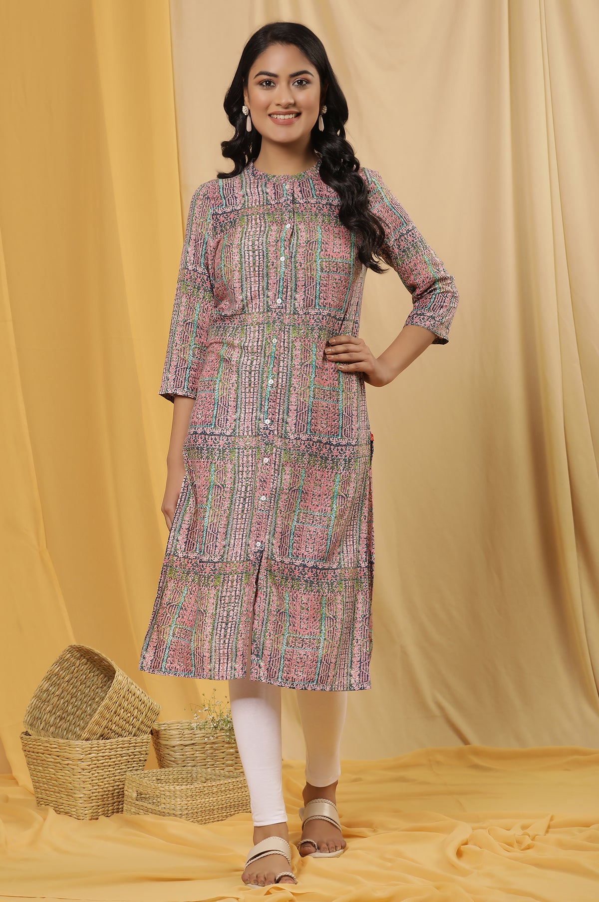 Multicoloured Printed Kurta And Tights Set - XS