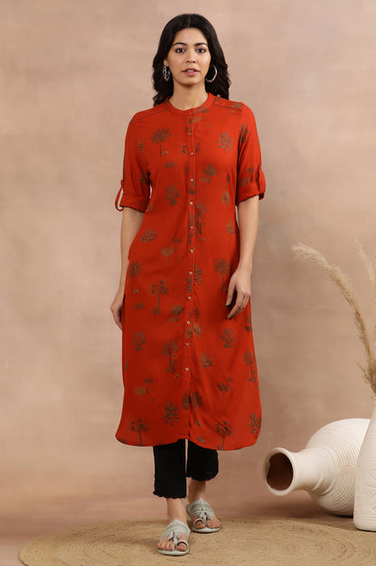 Rust Red Printed Kurta And Slim Pants