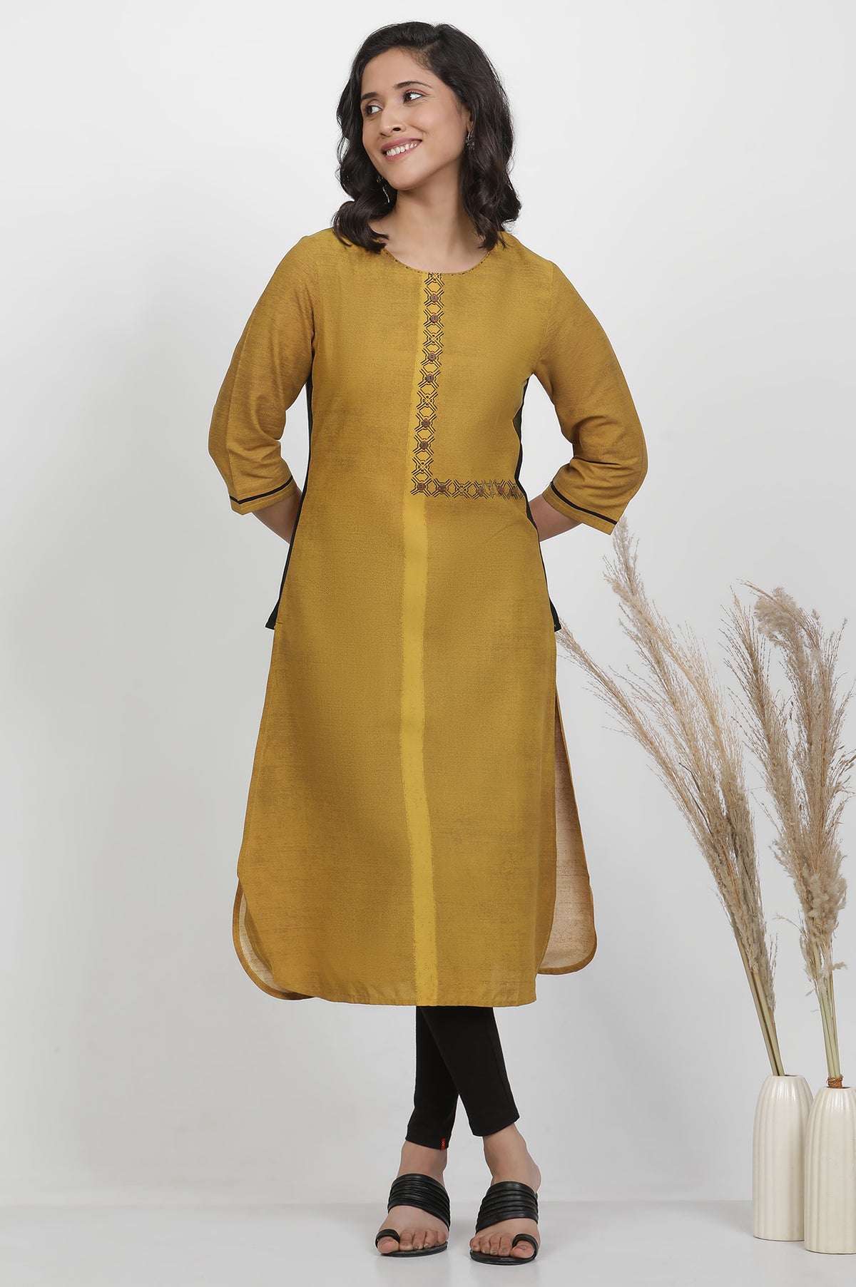 Mustard Yellow Printed Kurta, Tights And Dupatta Set - XS