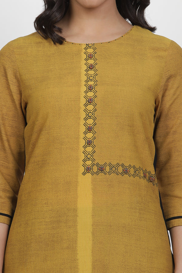 Mustard Yellow Printed Kurta, Tights And Dupatta Set