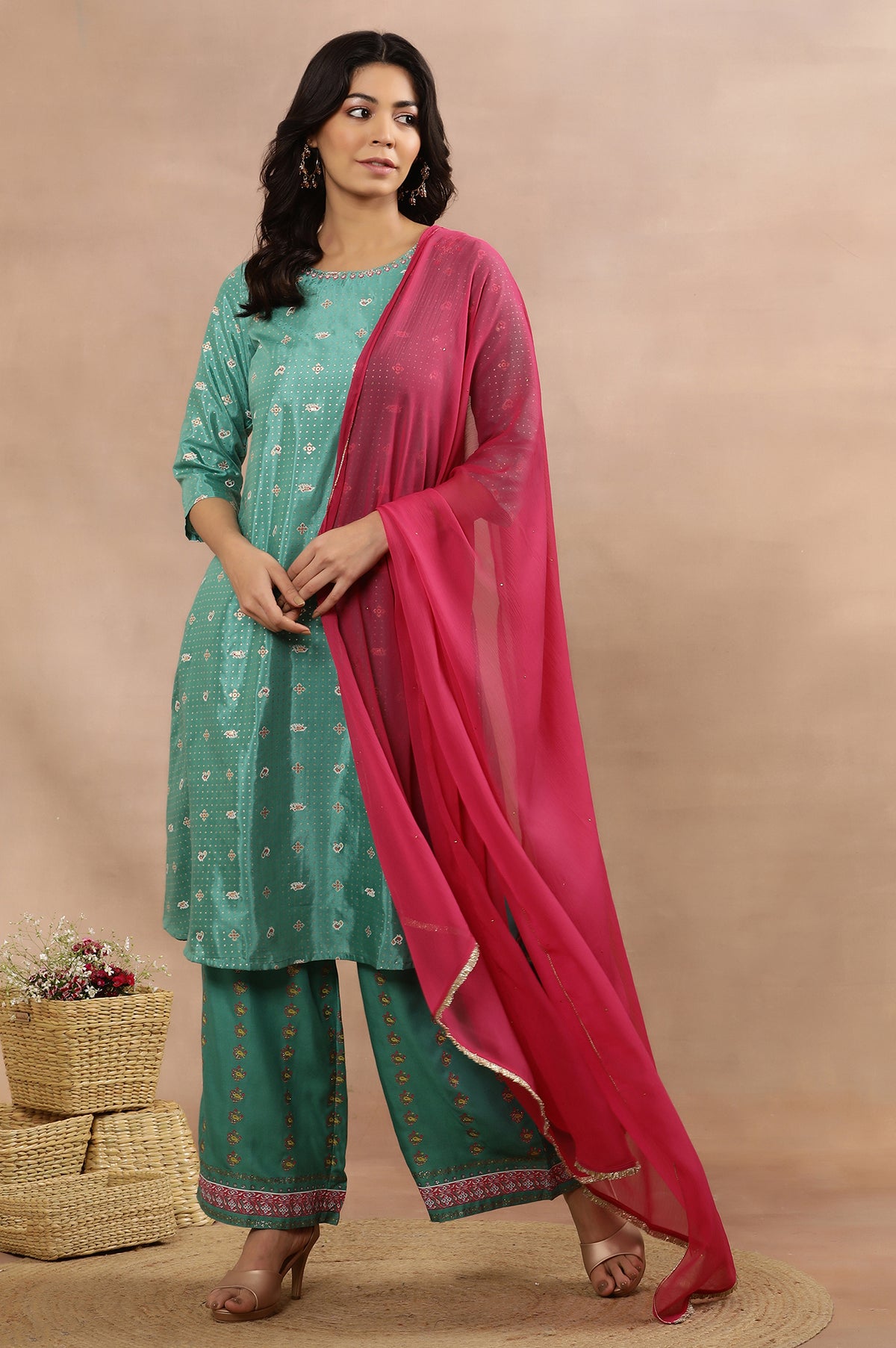 Marine Green A-Line Printed Kurta, Pants And Dupatta Set - XS