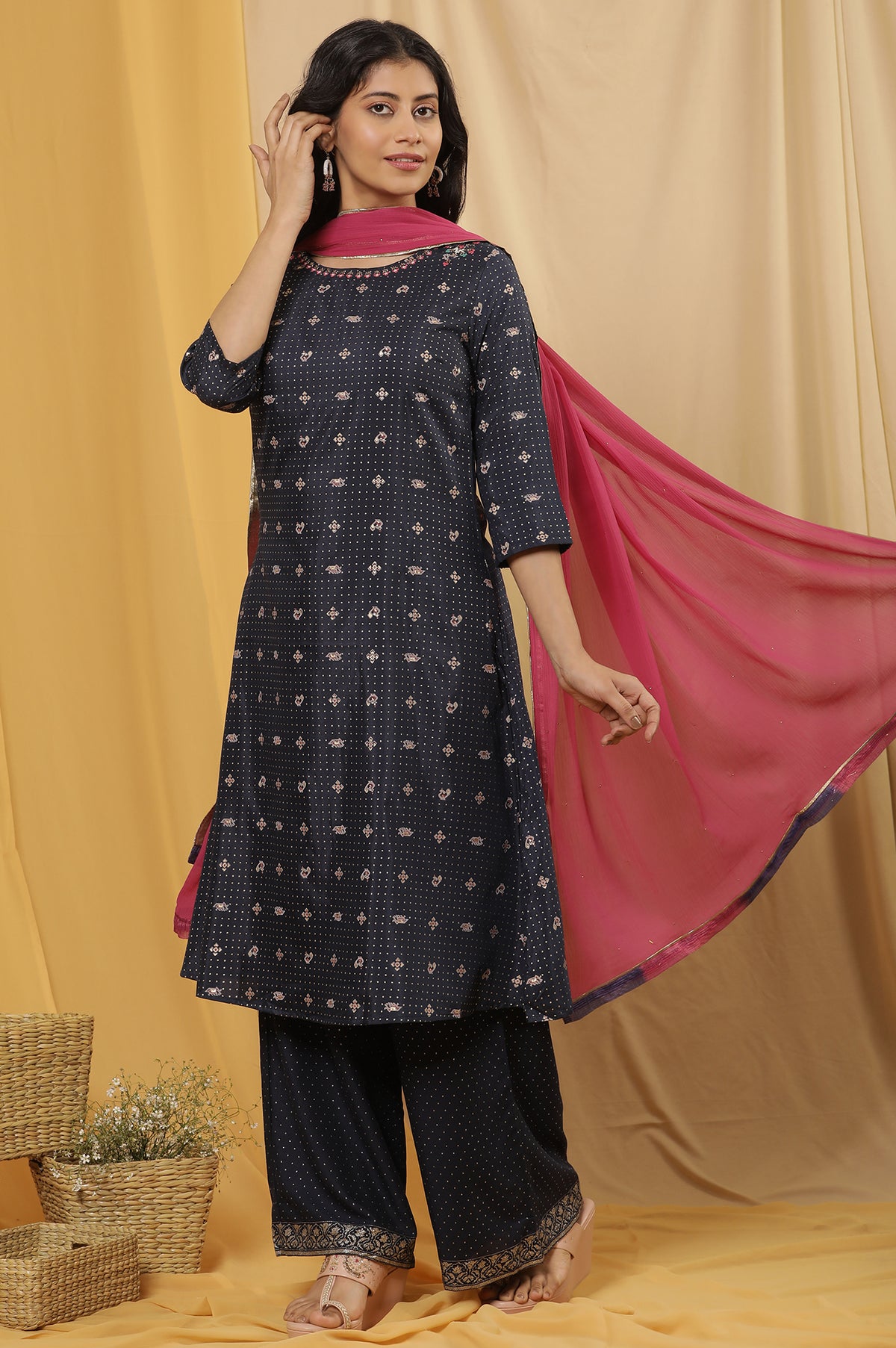 Blue Embroidered A-Line Kurta, Pants And Dupatta Set - XS