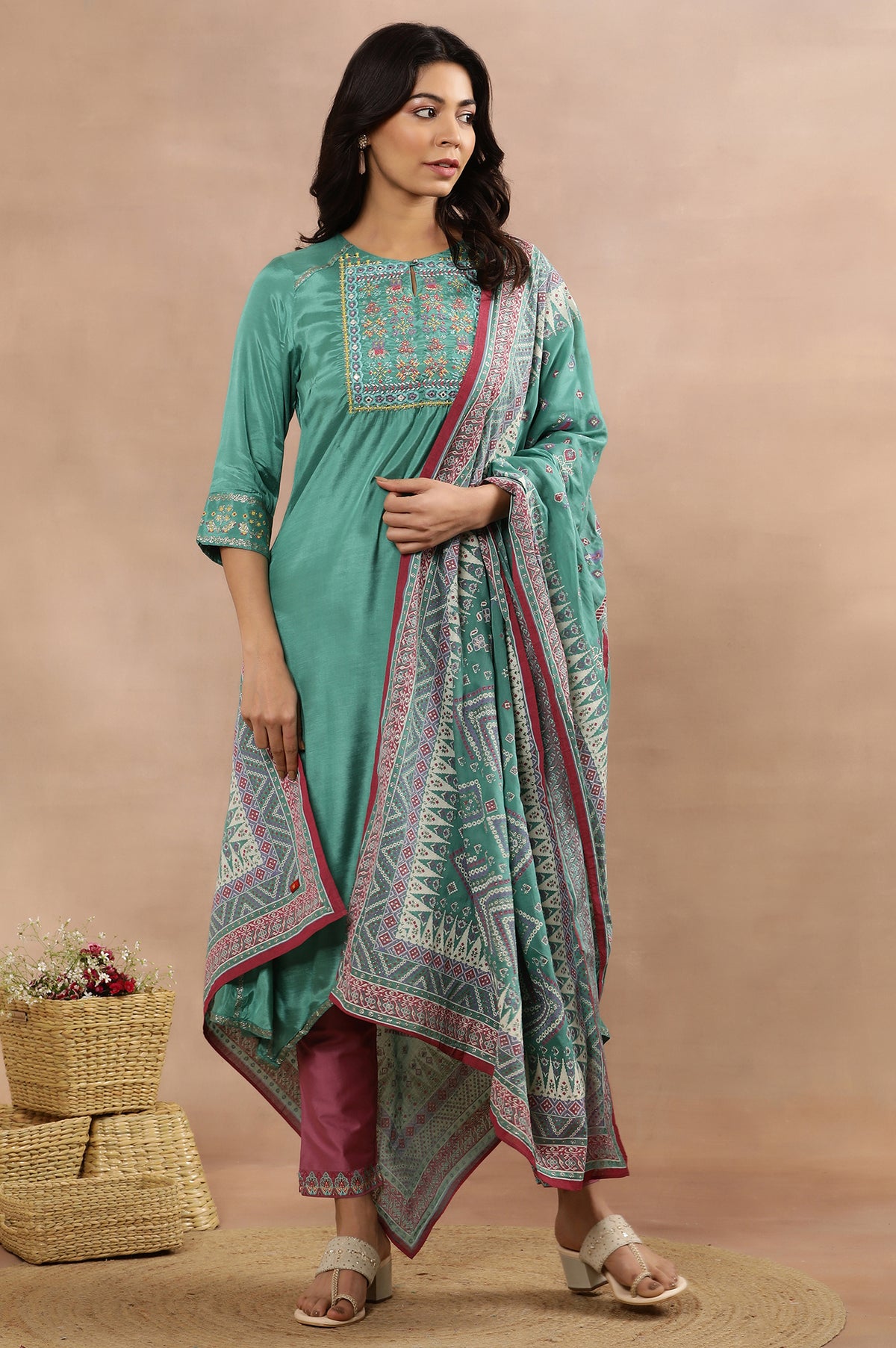 Marine Green Asymmetrical Kurta, Slim Pants And Dupatta Set - XS