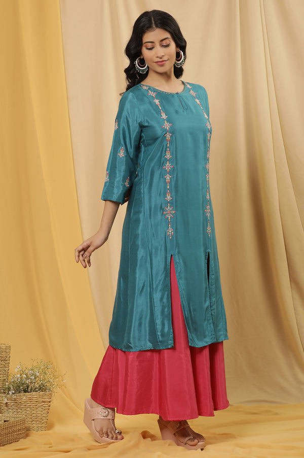Teal Embroidered Front Slit Kurta, Pink Culottes And Dupatta Set