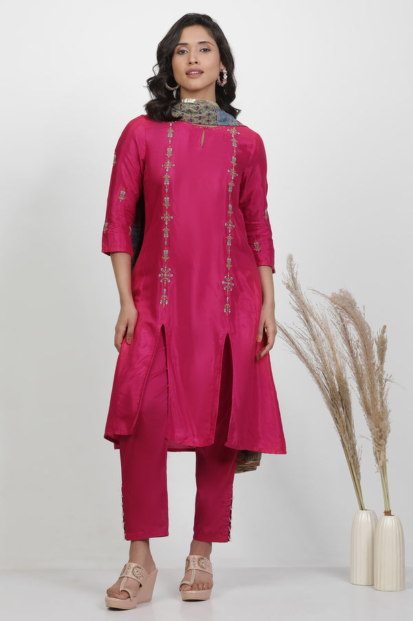 Pink Embroidered Shantung Kurta, Pants And Printed Dupatta Set