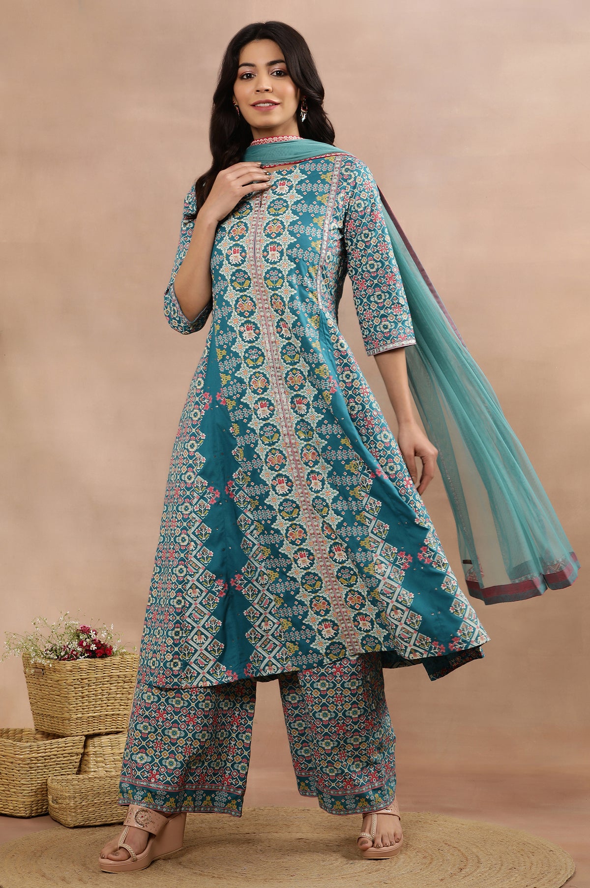 Blue Printed A-Line Kurta, Parallel Pants And Dupatta Set - XS