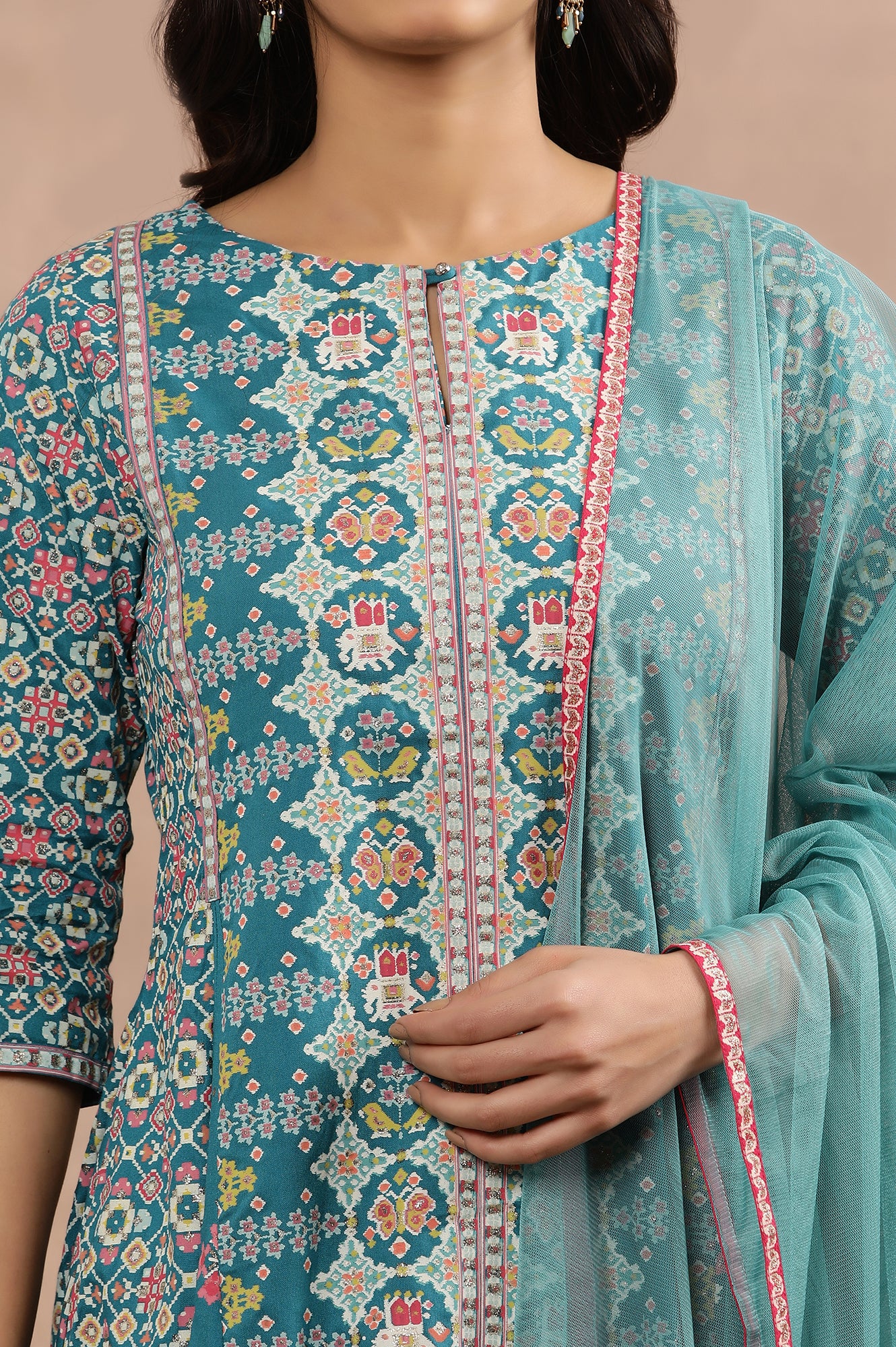 Blue Printed A-Line Kurta, Parallel Pants And Dupatta Set
