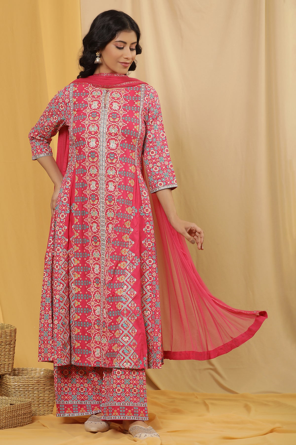 Pink Printed A-Line Kurta, Parallel Pants And Dupatta Set - XS