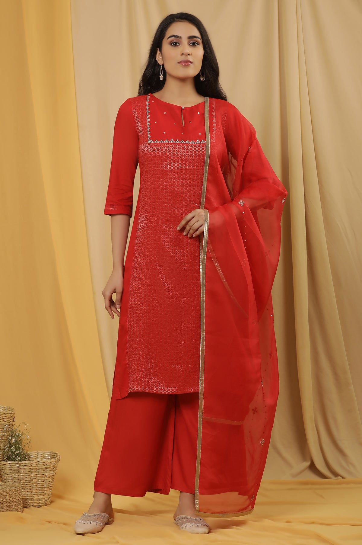 Red Dobby Embroidered Kurta, Pants And Dupatta Set - XS