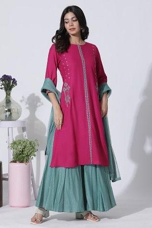Dark Pink A-Line Embroidered Kurta, Culottes And Dupatta Set - wforwoman