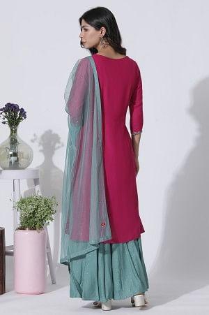 Dark Pink A-Line Embroidered Kurta, Culottes And Dupatta Set