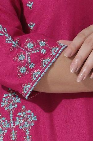 Dark Pink A-Line Embroidered Kurta, Culottes And Dupatta Set