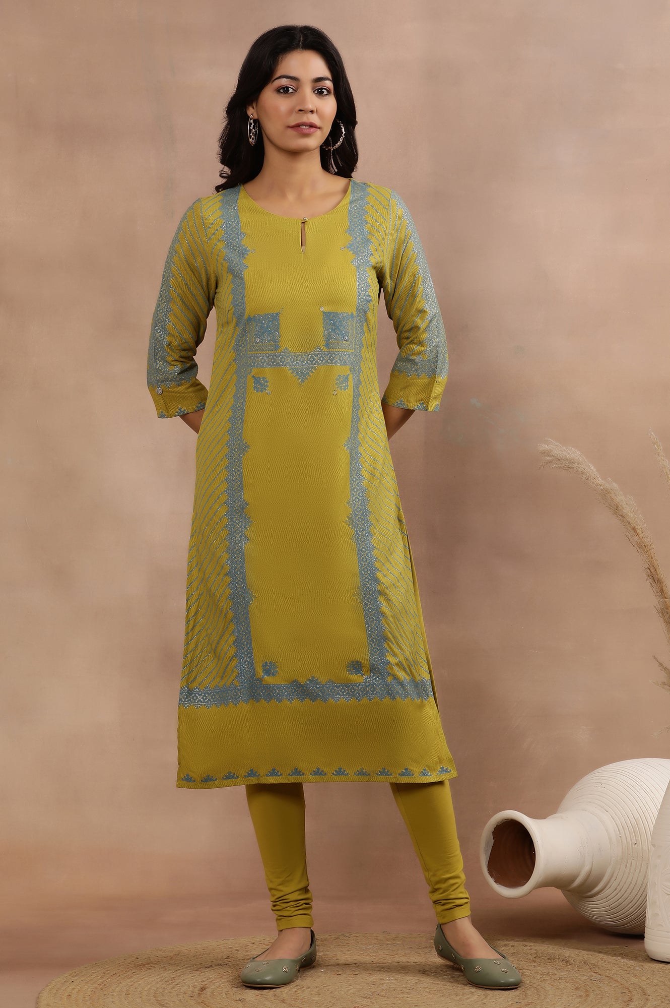 Green Placement Printed Kurta And Tights Set
