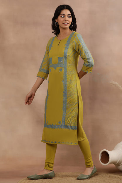 Green Placement Printed Kurta And Tights Set