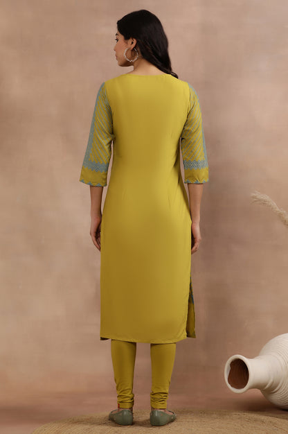 Green Placement Printed Kurta And Tights Set