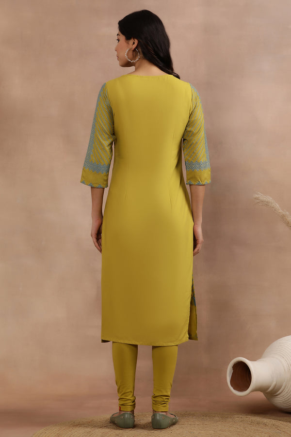 Green Placement Printed Kurta And Tights Set