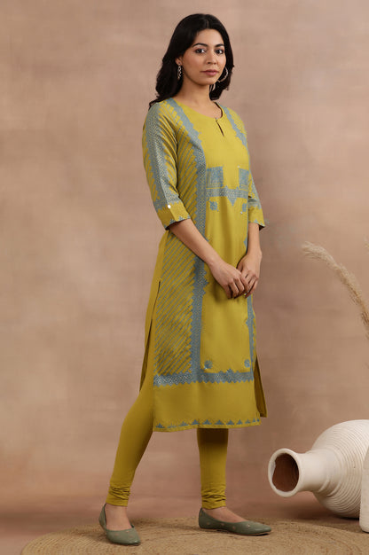 Green Placement Printed Kurta And Tights Set