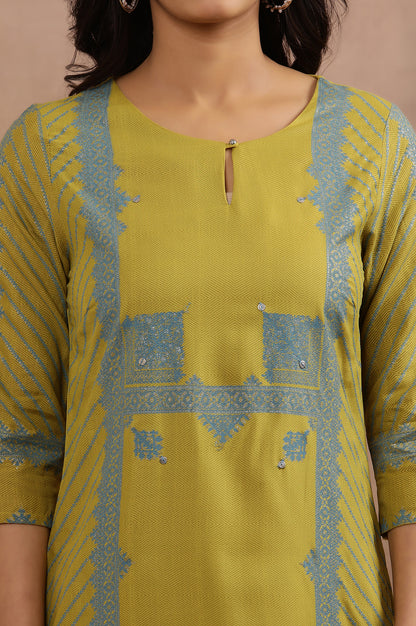 Green Placement Printed Kurta And Tights Set