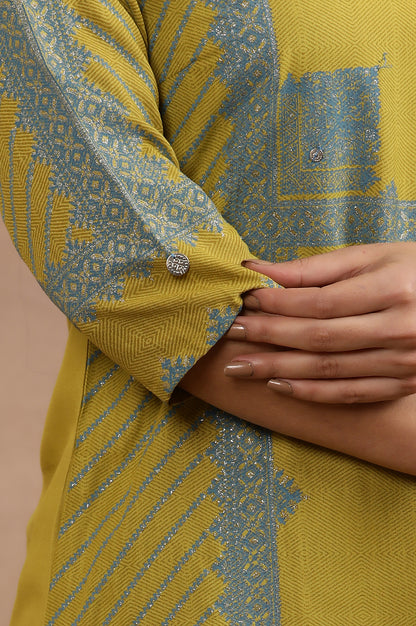 Green Placement Printed Kurta And Tights Set