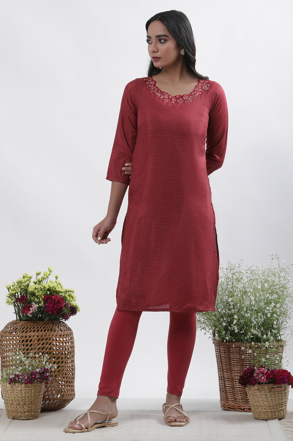 Maroon Embroidered Kurta Tights And Dupatta Set