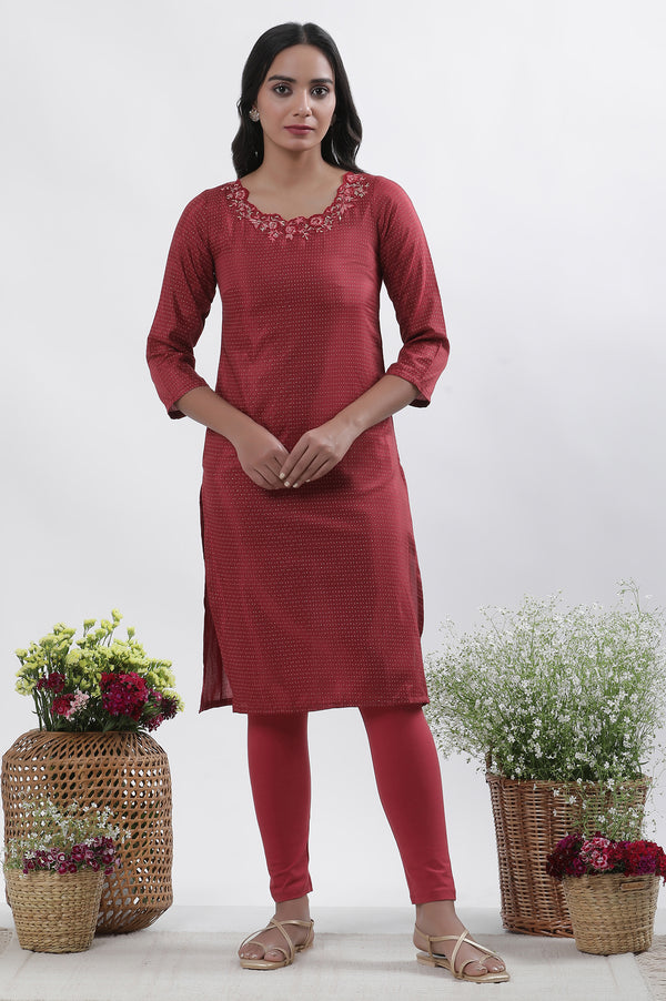Maroon Embroidered Kurta Tights And Dupatta Set
