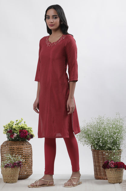 Maroon Embroidered Kurta Tights And Dupatta Set