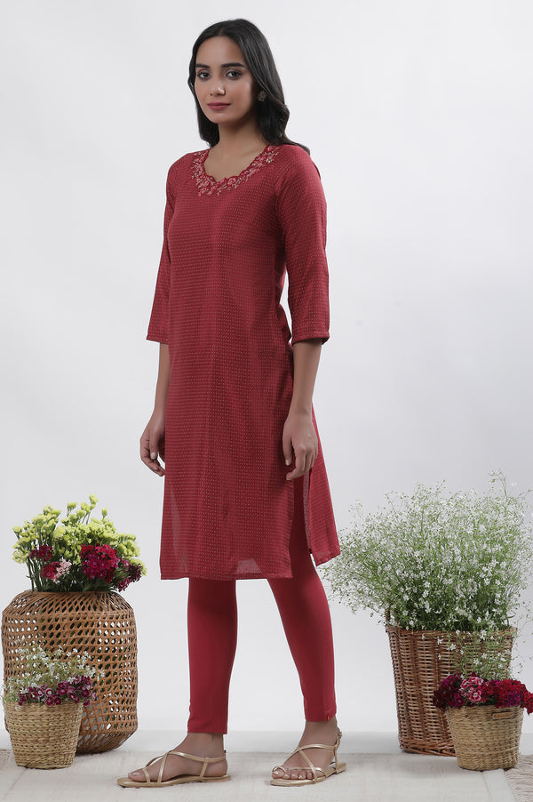 Maroon Embroidered Kurta Tights And Dupatta Set