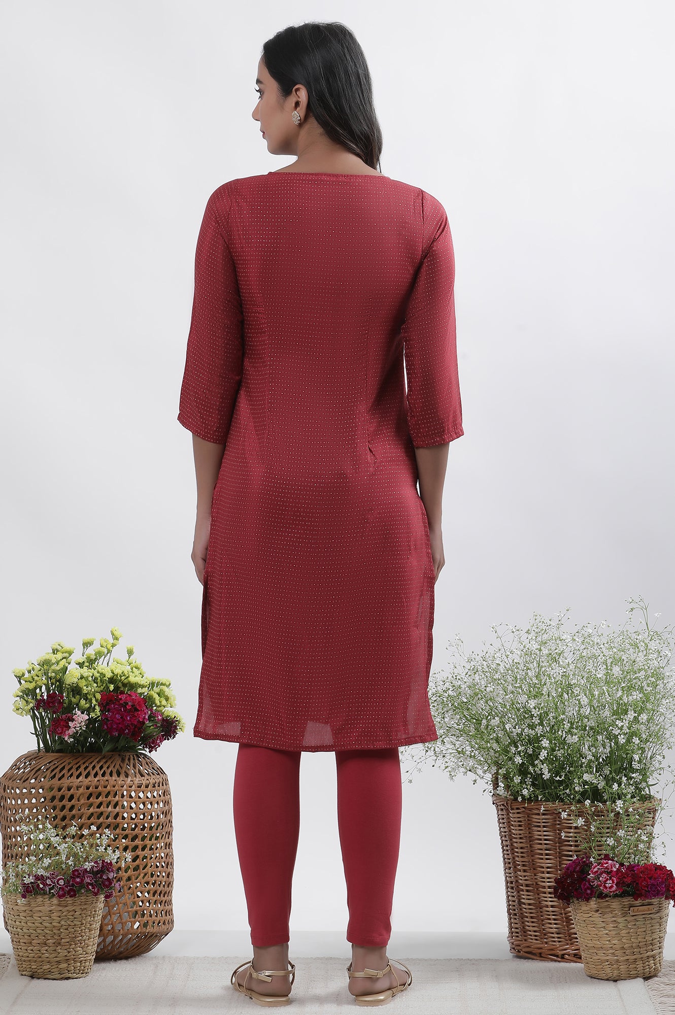 Maroon Embroidered Kurta Tights And Dupatta Set